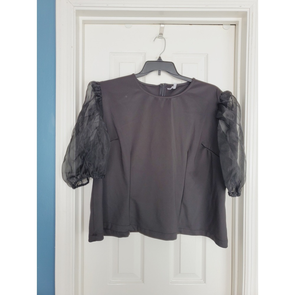 Formal‎ Blouse Black Sheer Organza Puff Sleeve Plus Evening Professional 22/24